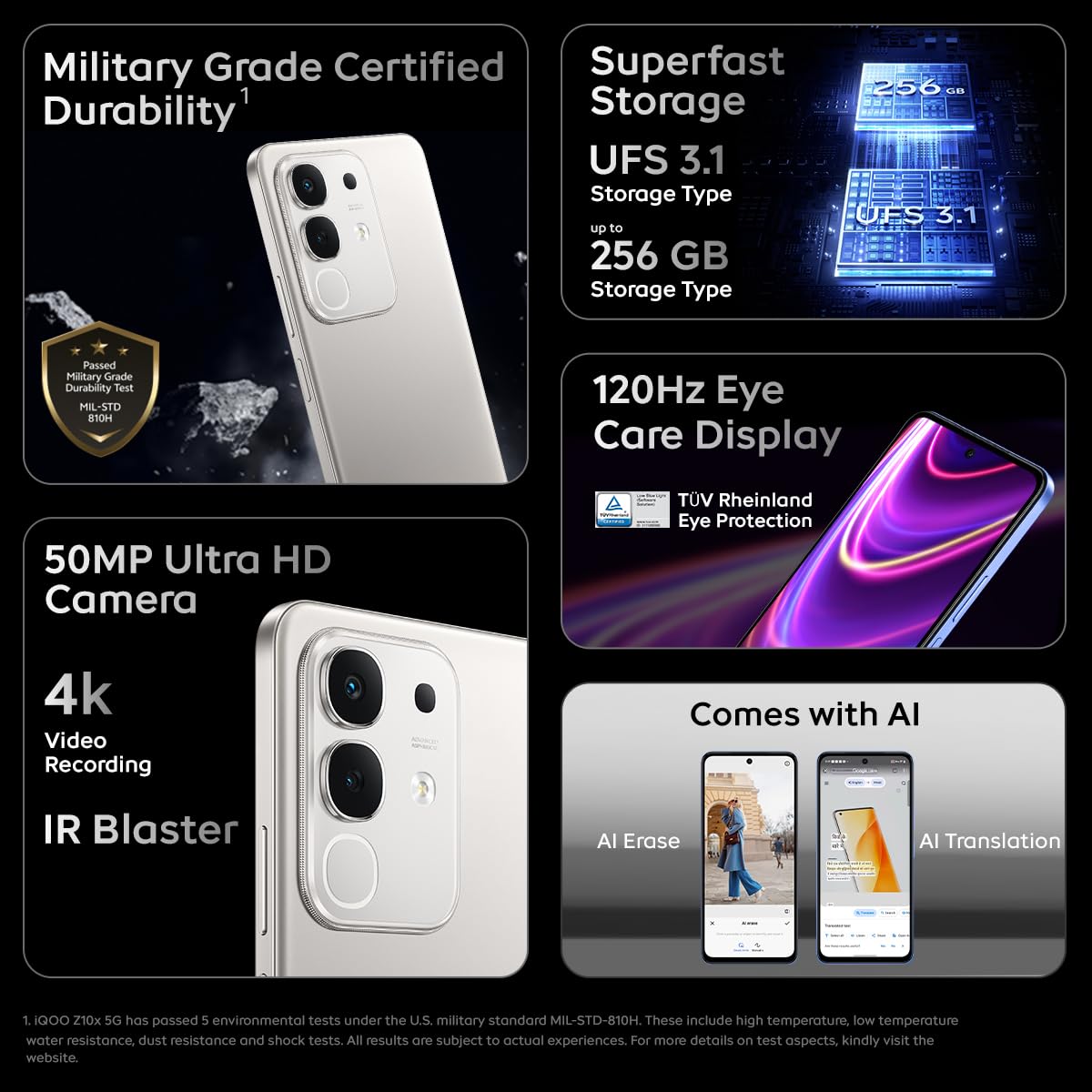 iQOO Z10x 5G (Ultramarine, 6GB RAM, 128GB Storage) | 6500 mAh Large Capacity Battery | Dimensity 7300 Processor | Military-Grade Certified Durability